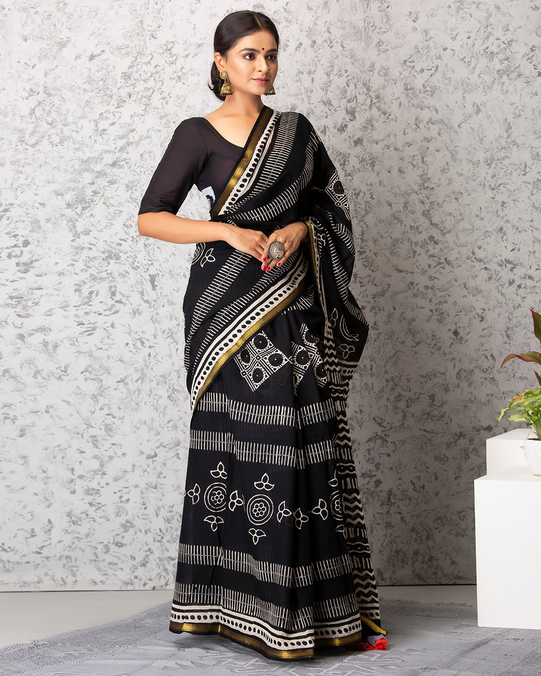 Bold Folk Handblock Printed Black Mulmul saree