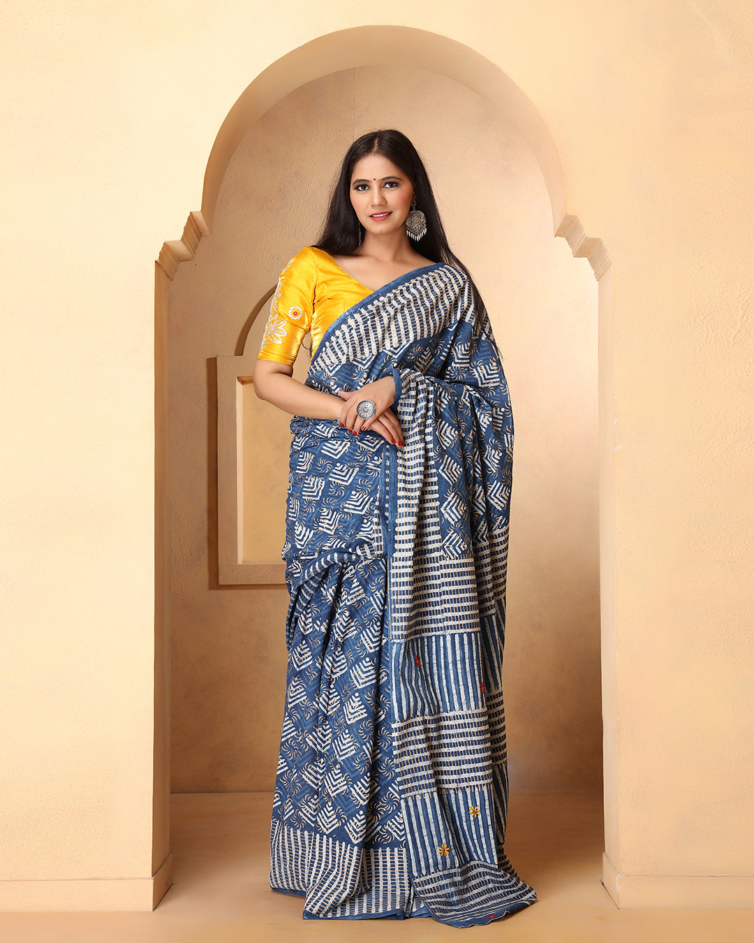 Abstract White and Indigo Dabu Print Cotton Saree