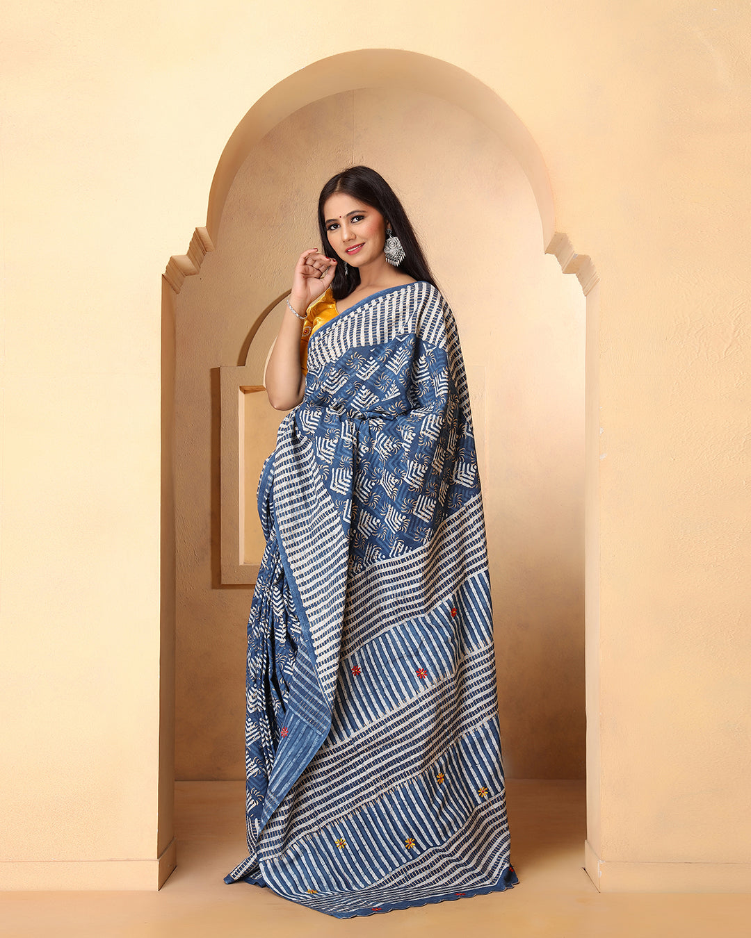 Abstract White and Indigo Dabu Print Cotton Saree