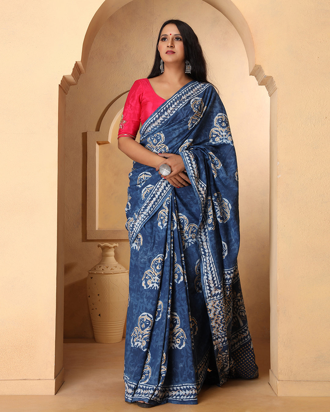 Indigo Abstract Dabu Print Cotton Saree