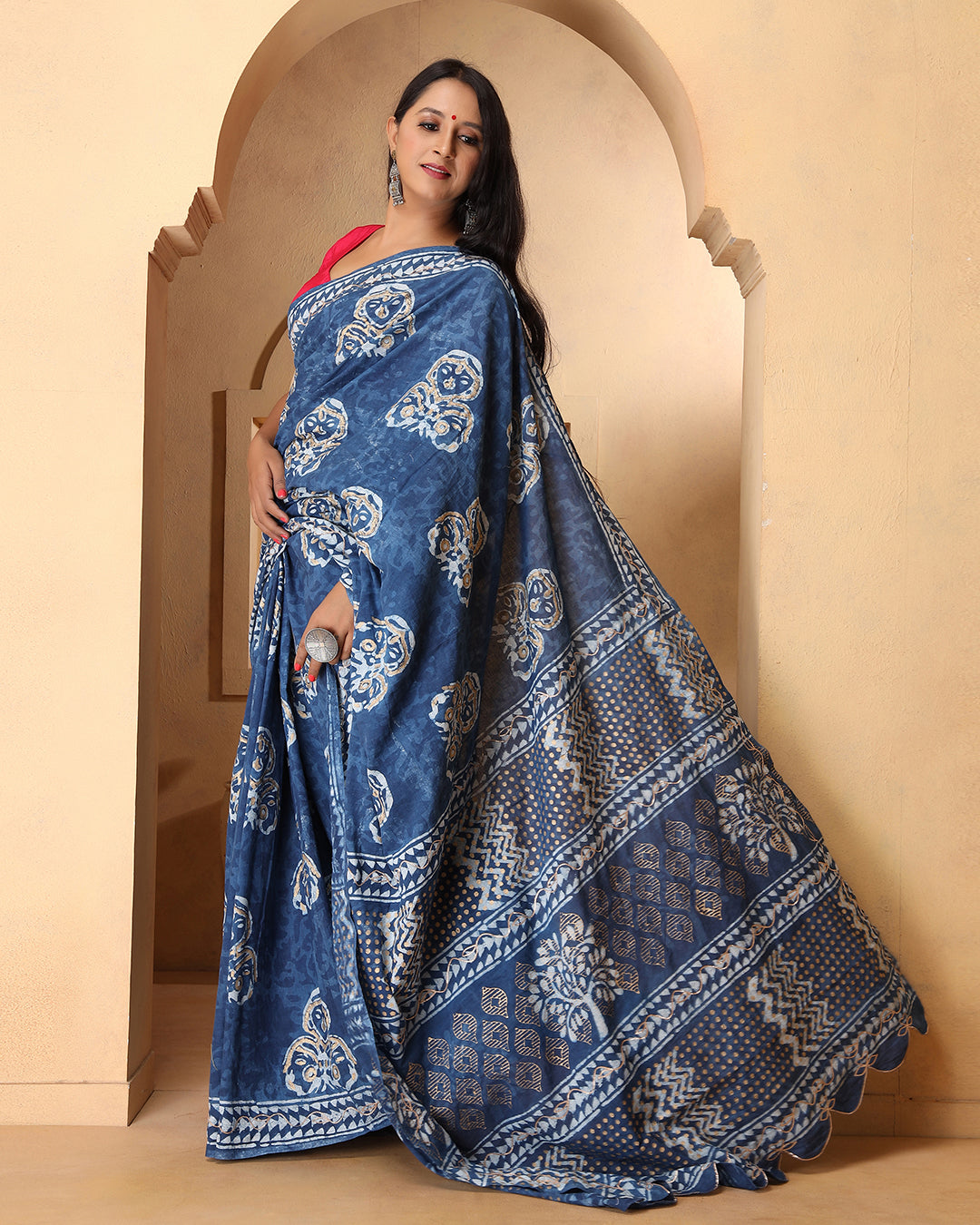 Indigo Abstract Dabu Print Cotton Saree