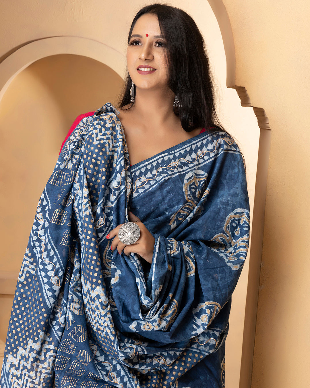 Indigo Abstract Dabu Print Cotton Saree