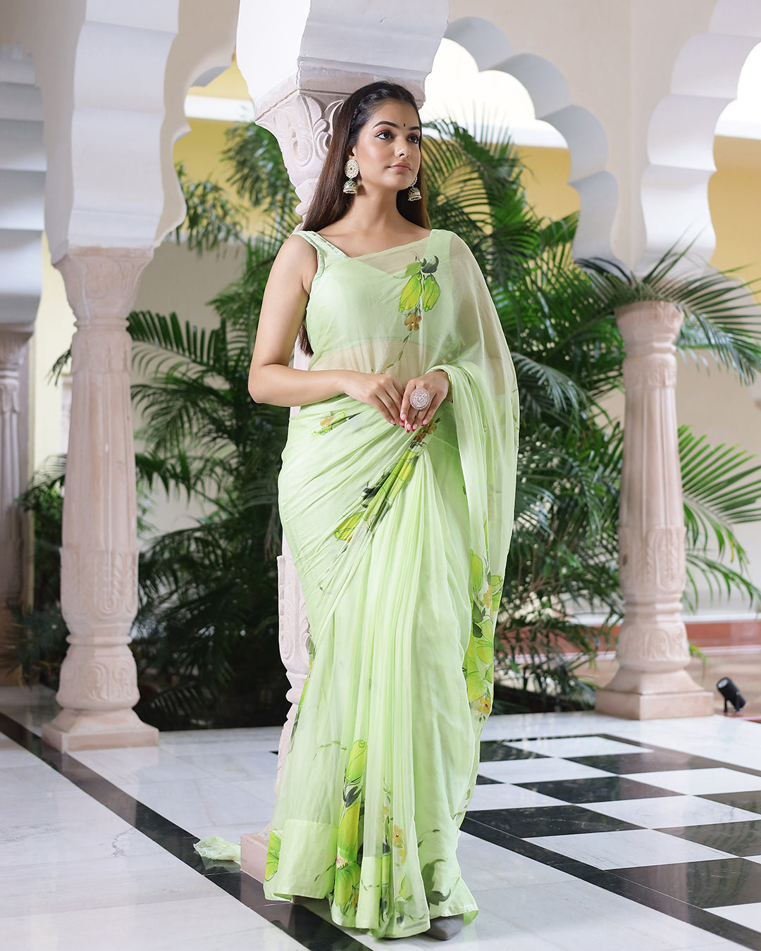 Mint Green Floral Hand Painted Chiffon Saree