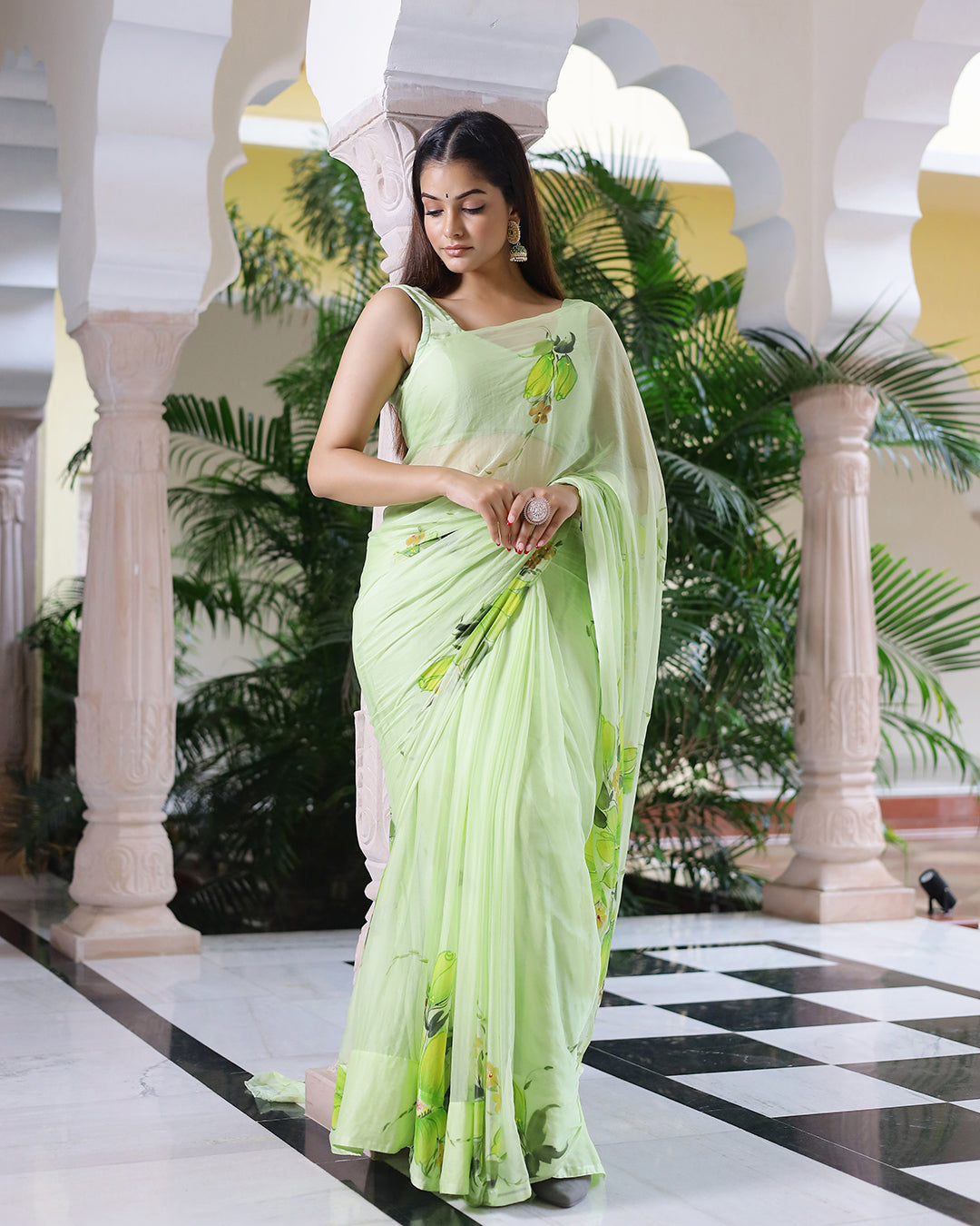 Mint Green Floral Hand Painted Chiffon Saree