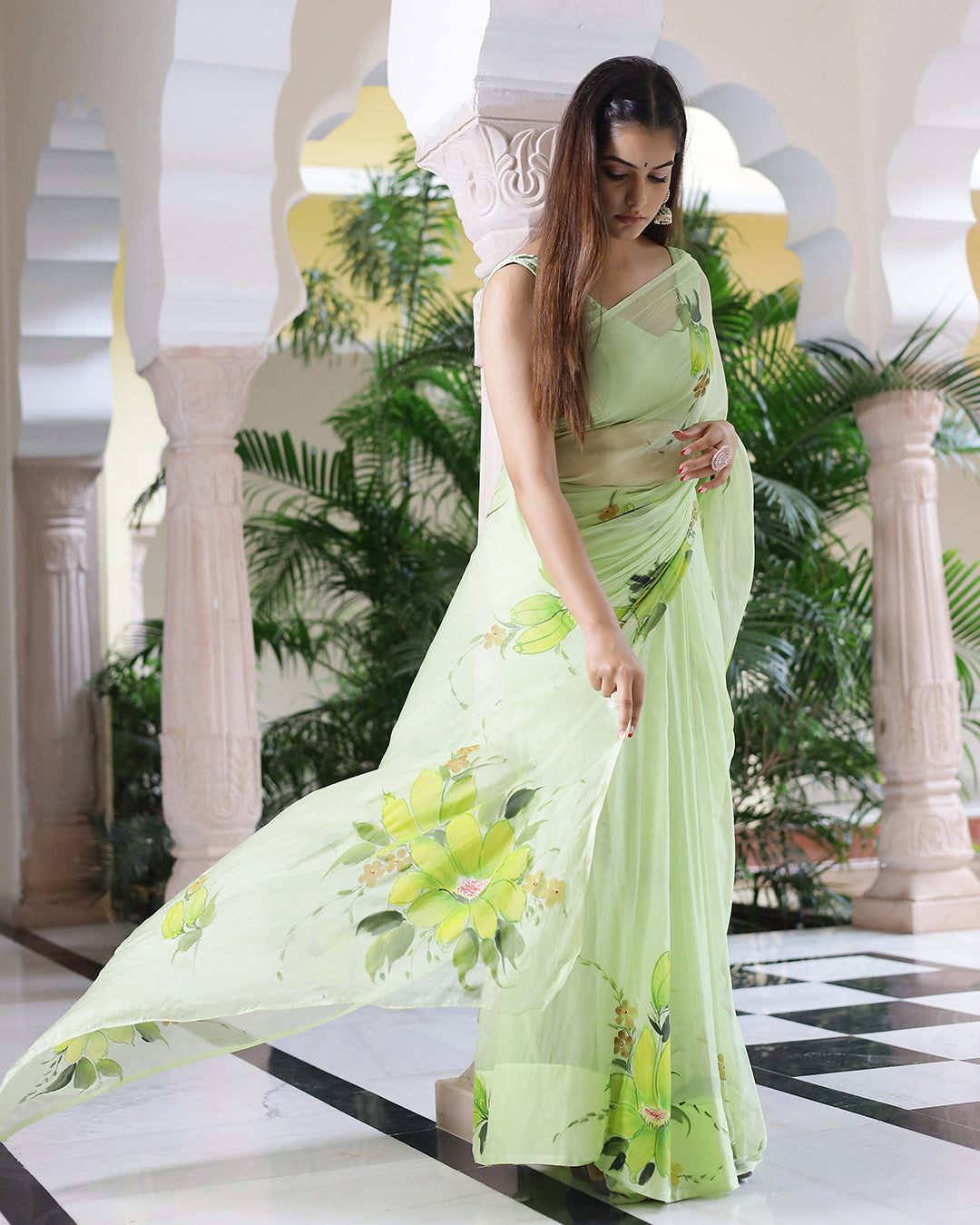 Mint Green Floral Hand Painted Chiffon Saree
