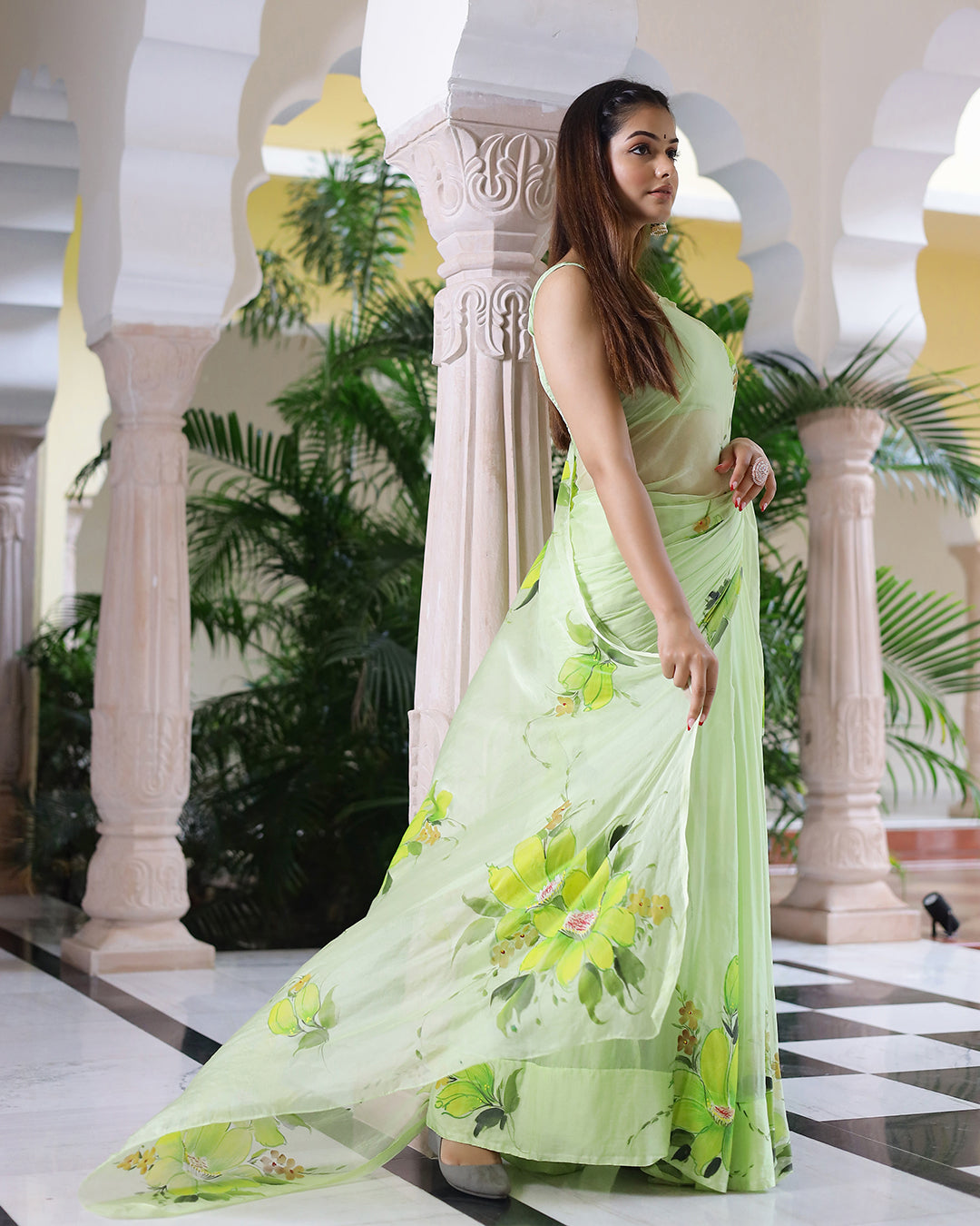 Mint Green Floral Hand Painted Chiffon Saree