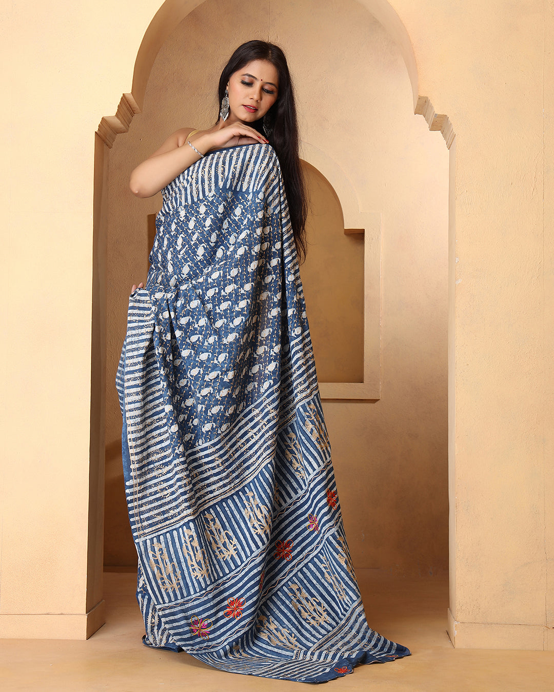 Indigo Paisley Dabu Print Cotton Saree