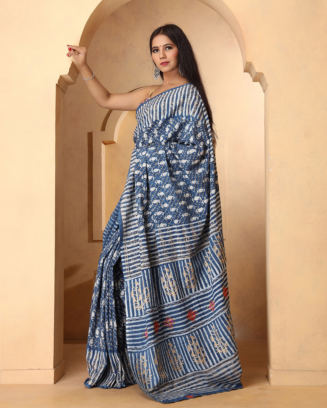 Indigo Paisley Dabu Print Cotton Saree