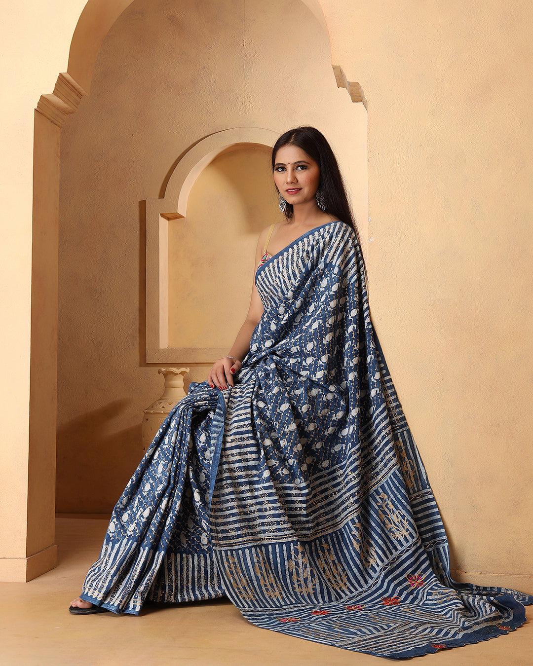 Indigo Paisley Dabu Print Cotton Saree