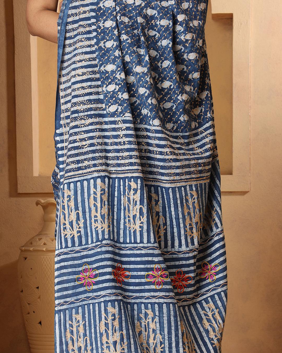 Indigo Paisley Dabu Print Cotton Saree
