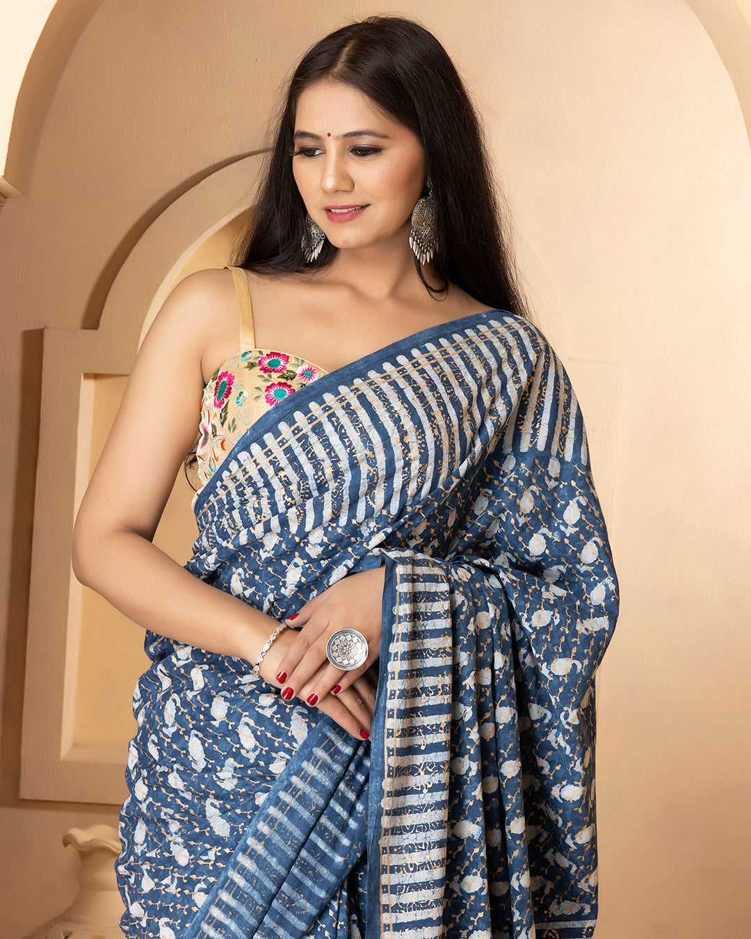 Indigo Paisley Dabu Print Cotton Saree