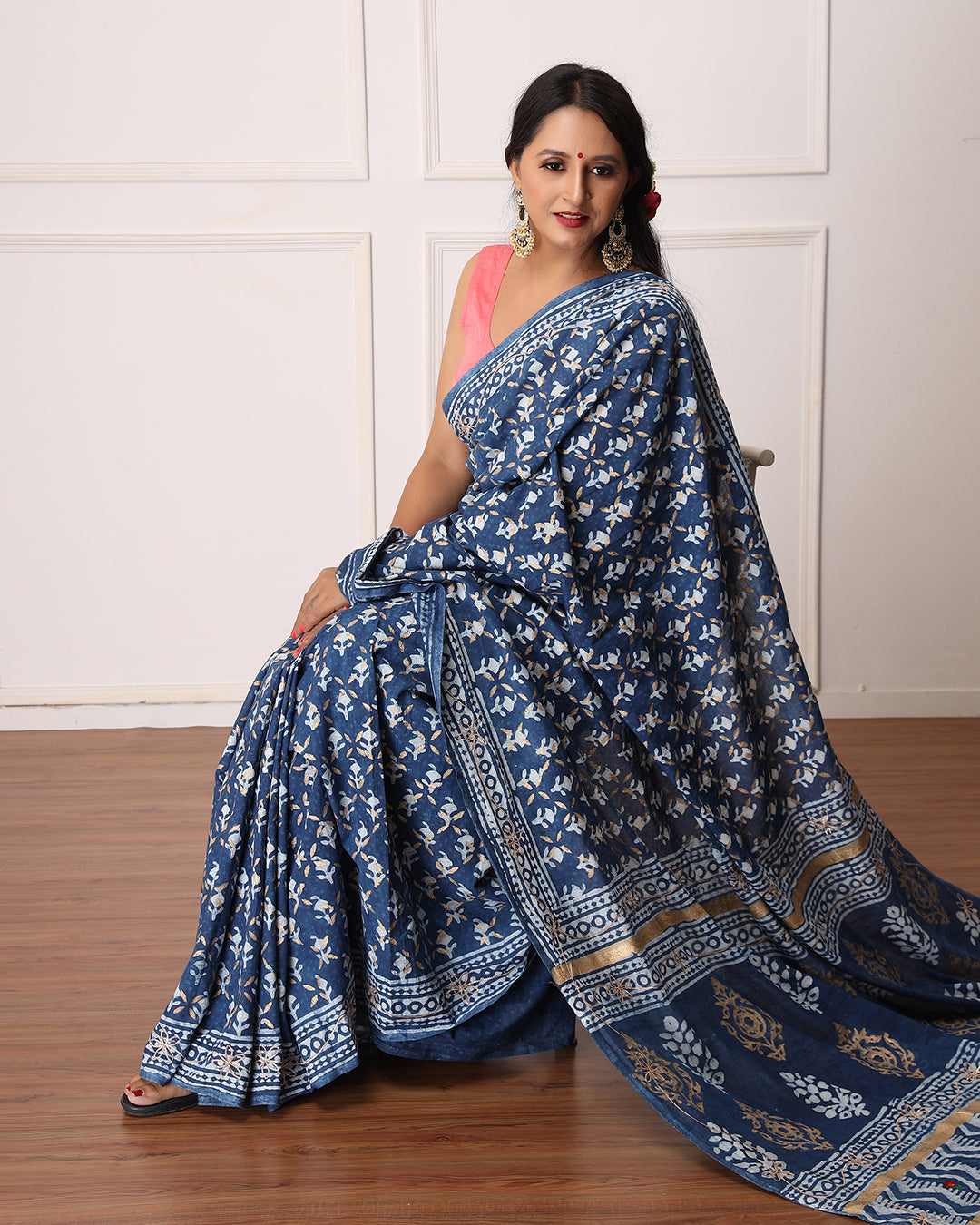 Ruby Indigo Dabu Print Cotton Saree