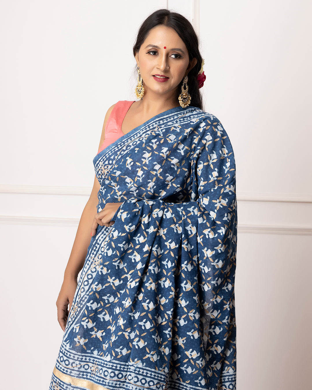 Ruby Indigo Dabu Print Cotton Saree