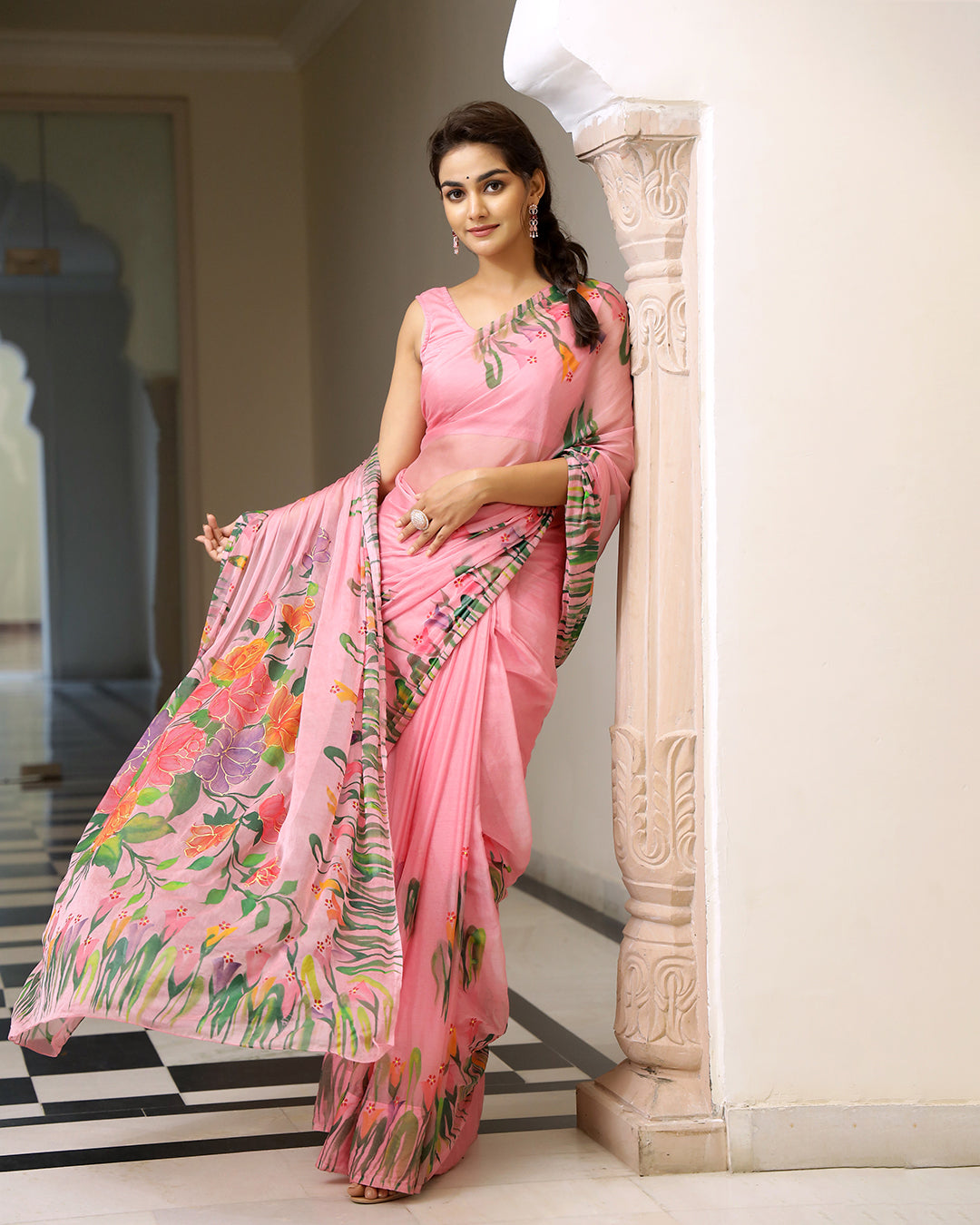 Pink Floral Hand Painted Chiffon Saree
