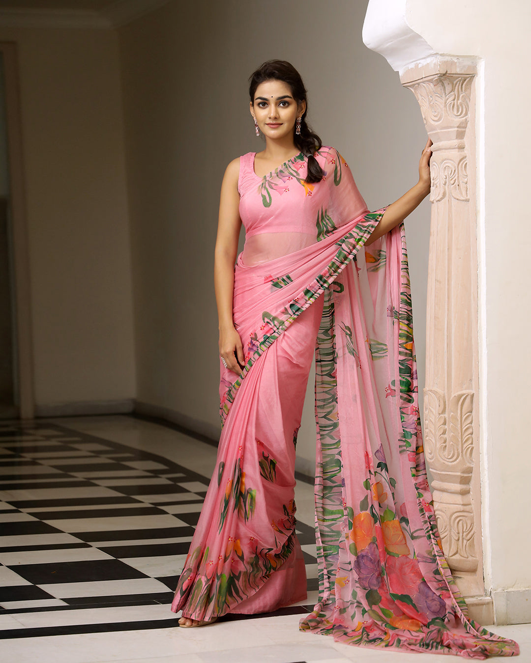 Pink Floral Hand Painted Chiffon Saree