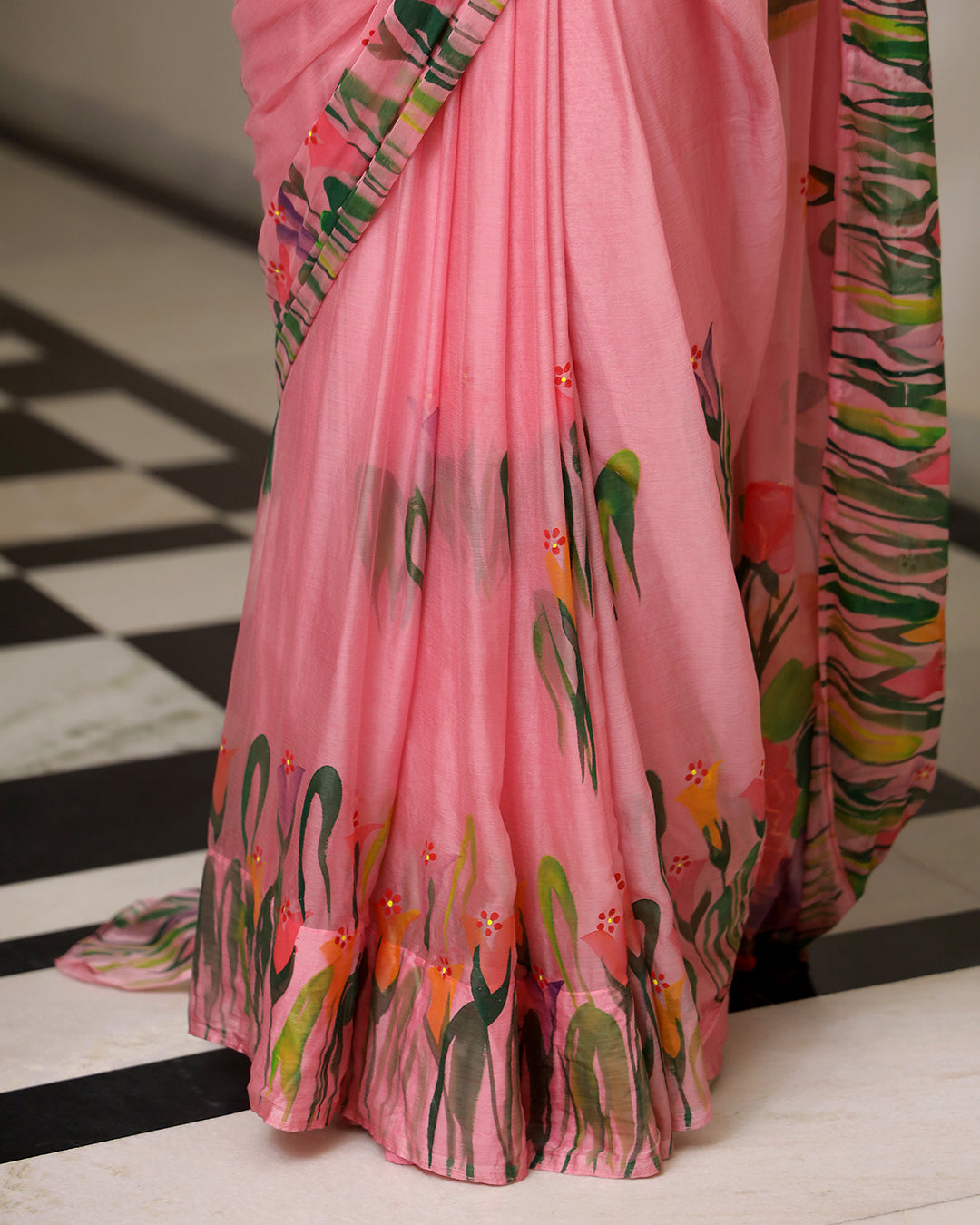 Pink Floral Hand Painted Chiffon Saree