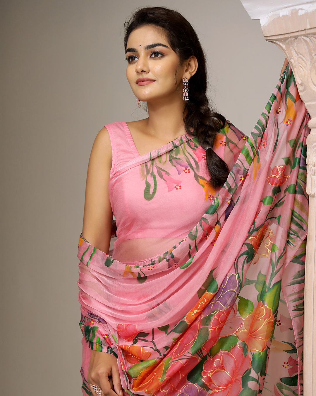 Pink Floral Hand Painted Chiffon Saree