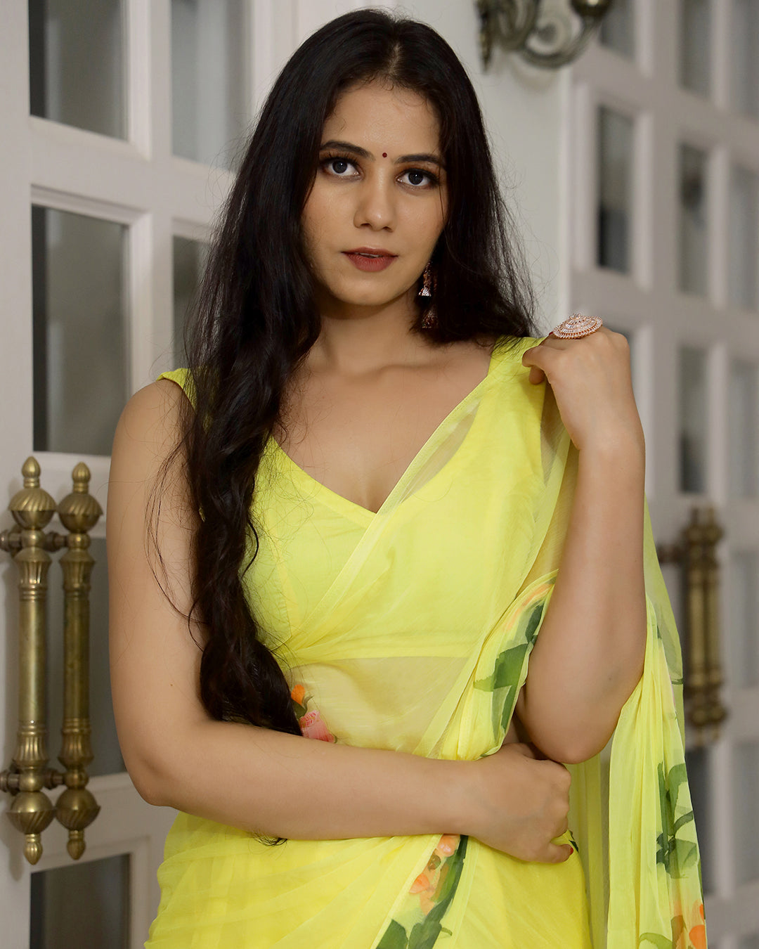 Lemon Yellow Floral Hand Painted Chiffon Saree