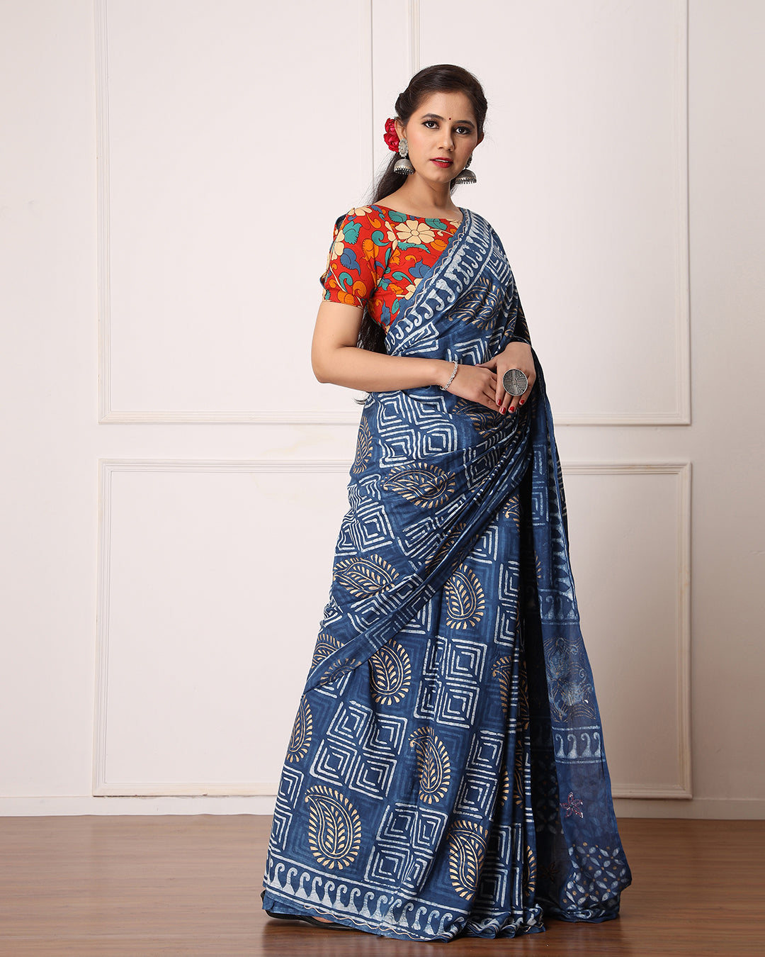 White and Indigo Abstract Dabu Print Cotton Saree
