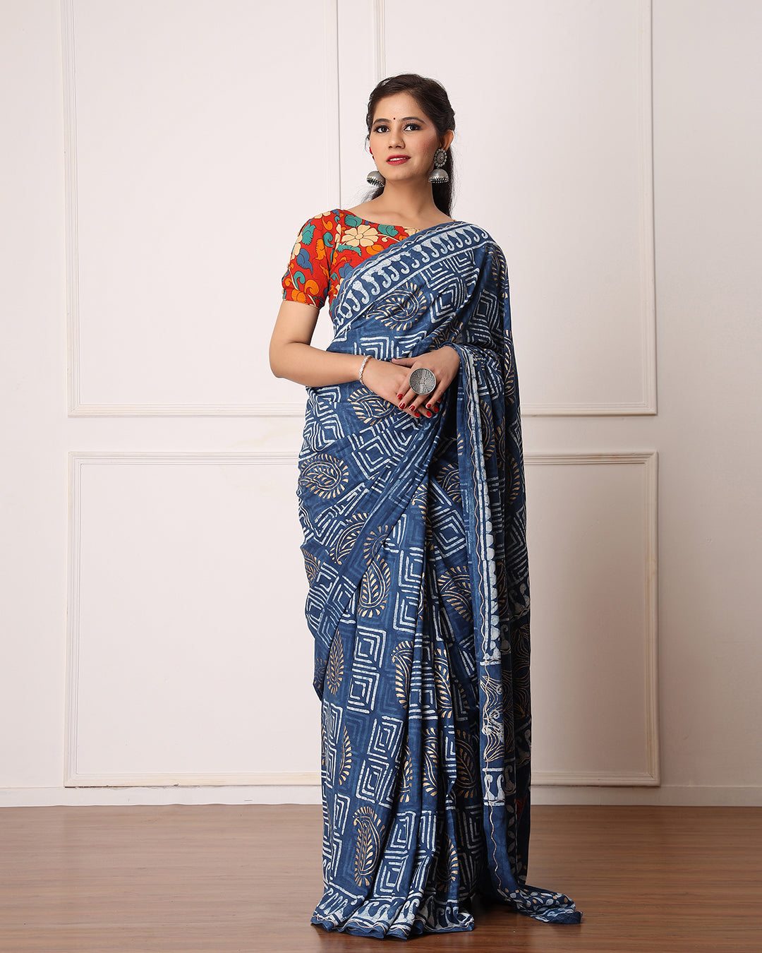 White and Indigo Abstract Dabu Print Cotton Saree