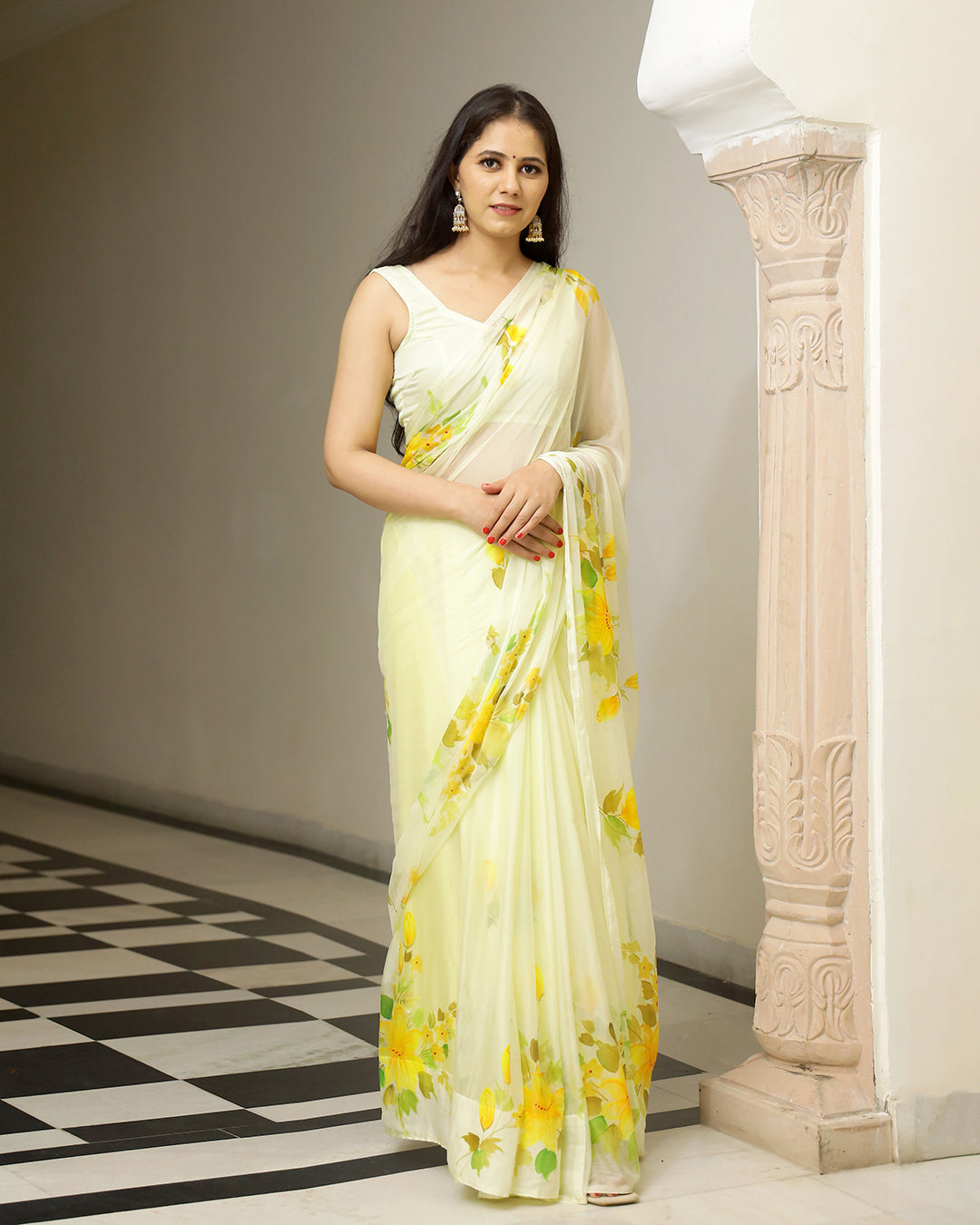 Butter Yellow Hand Painted Chiffon Saree