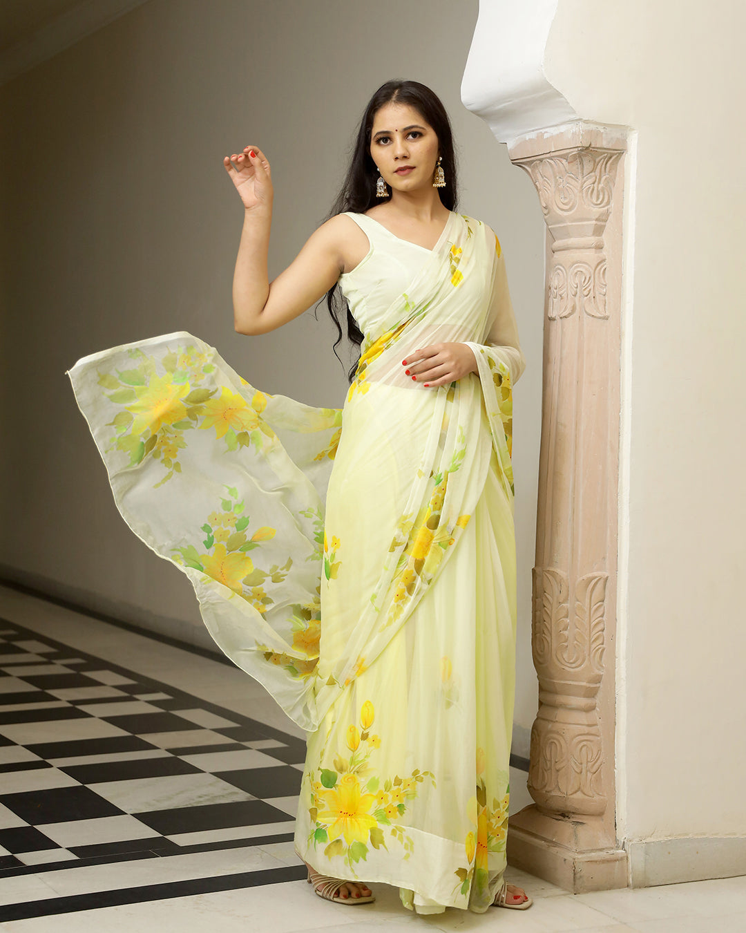 Butter Yellow Hand Painted Chiffon Saree