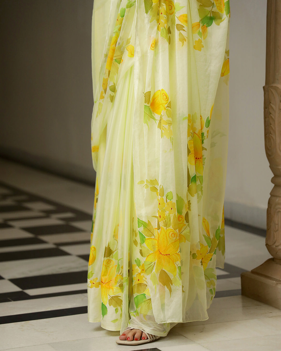 Butter Yellow Hand Painted Chiffon Saree