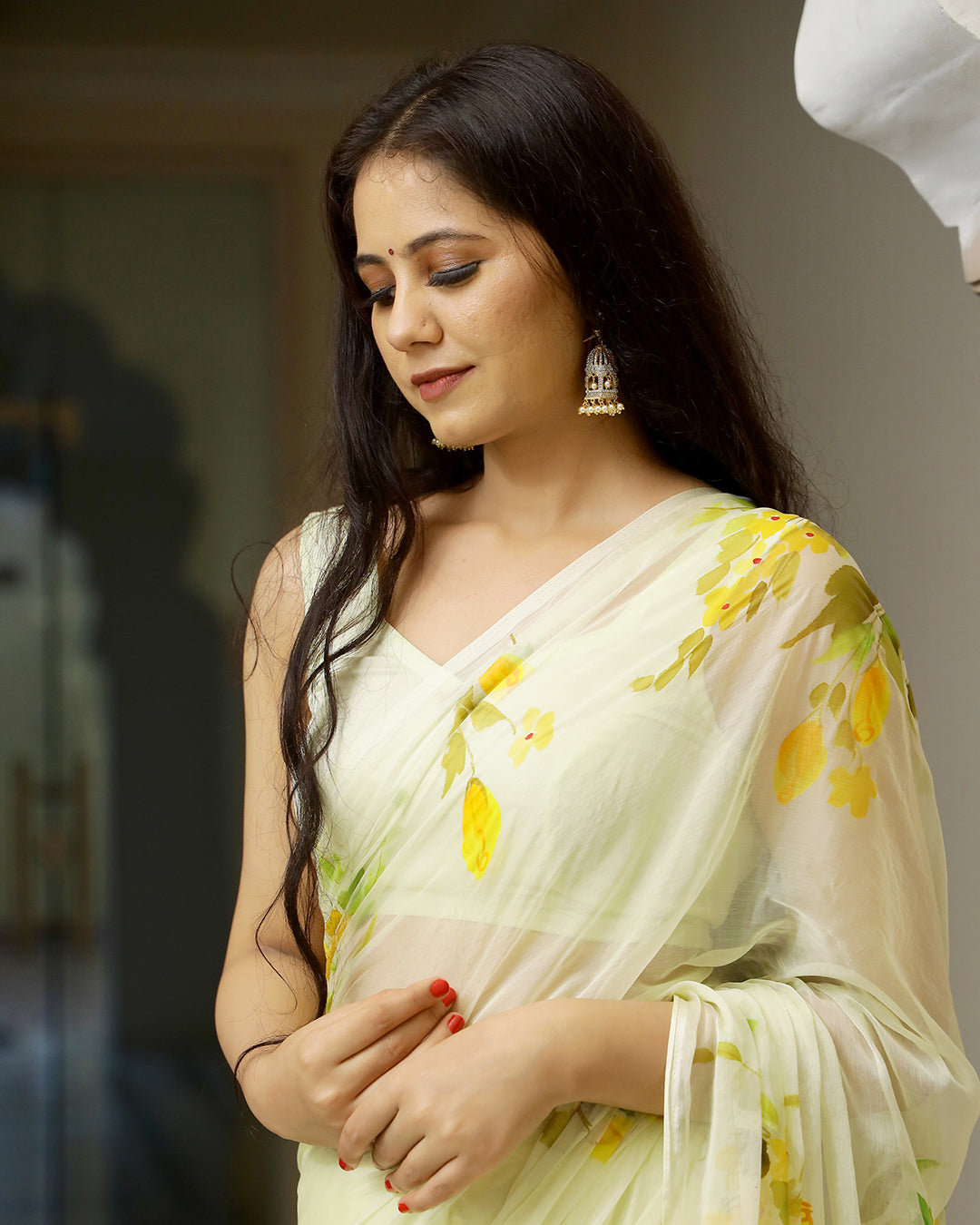 Butter Yellow Hand Painted Chiffon Saree