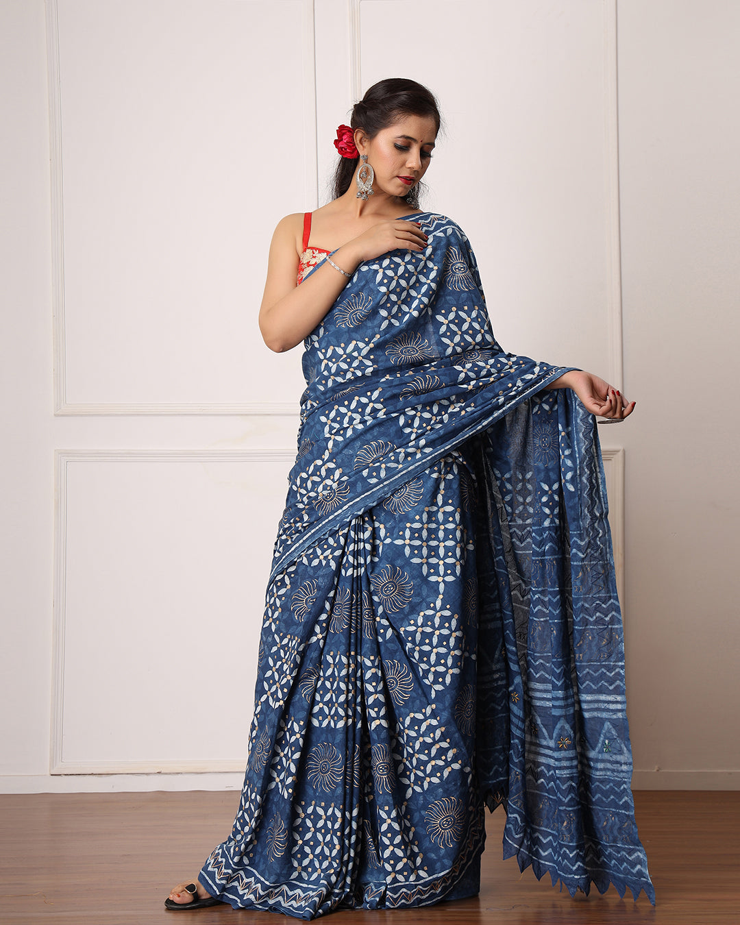 Indigo Dabu Hand Block Printed Saree