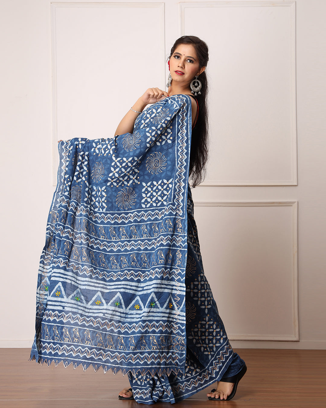 Indigo Dabu Hand Block Printed Saree