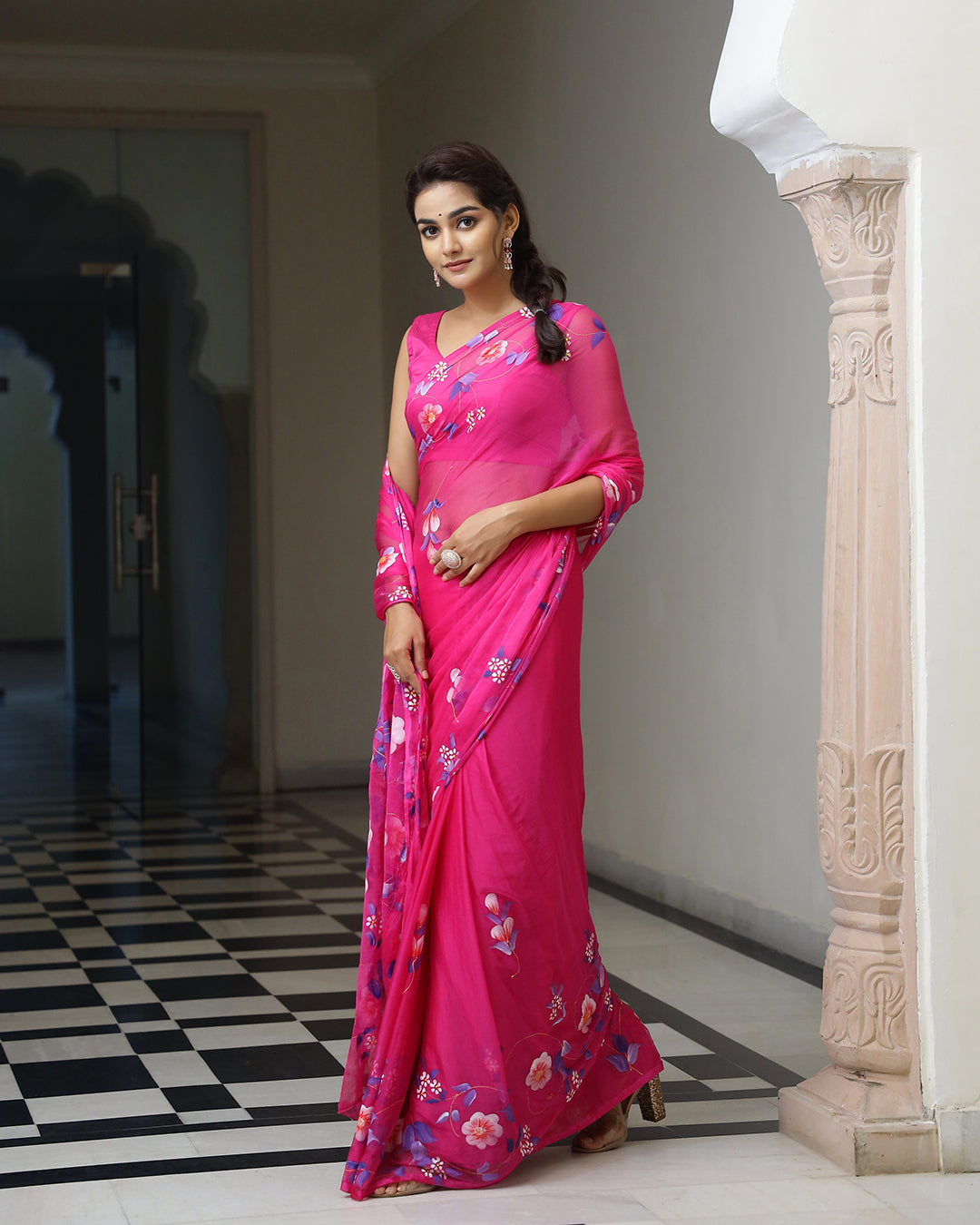 Magenta Floral Hand Painted Chiffon Saree