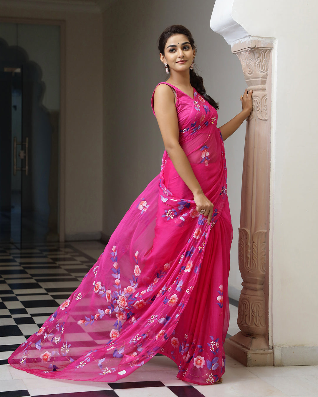Magenta Floral Hand Painted Chiffon Saree