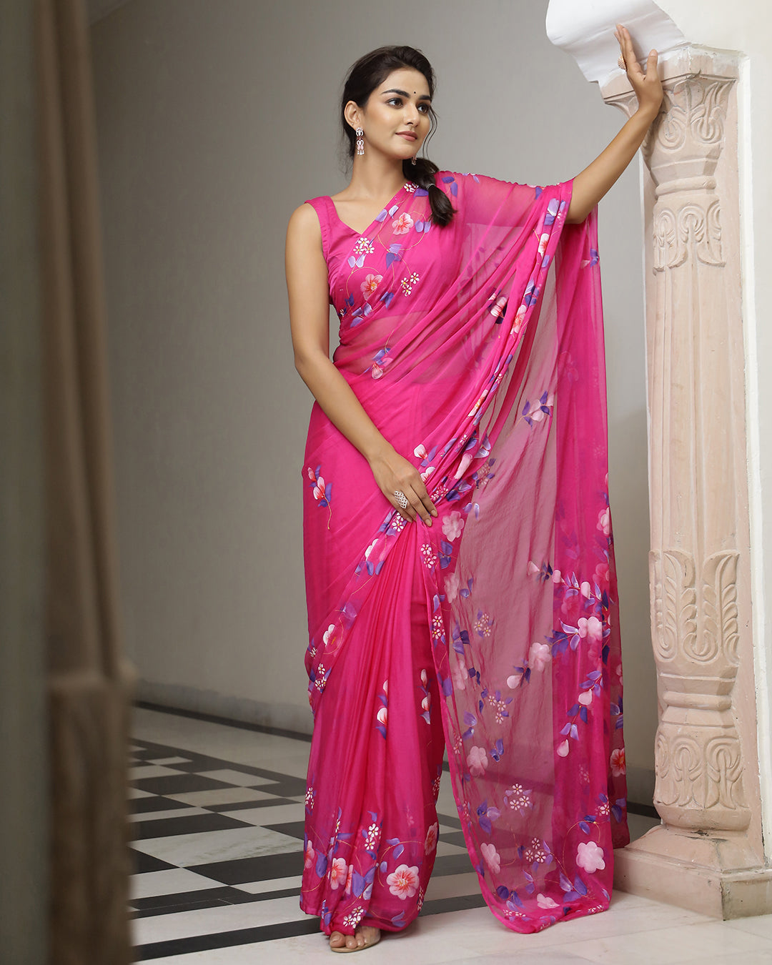 Magenta Floral Hand Painted Chiffon Saree
