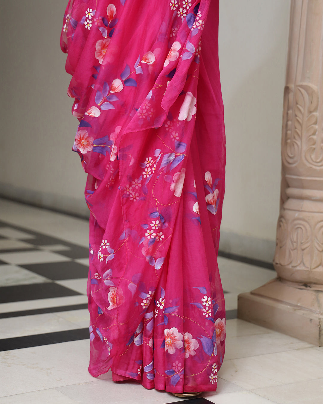 Magenta Floral Hand Painted Chiffon Saree