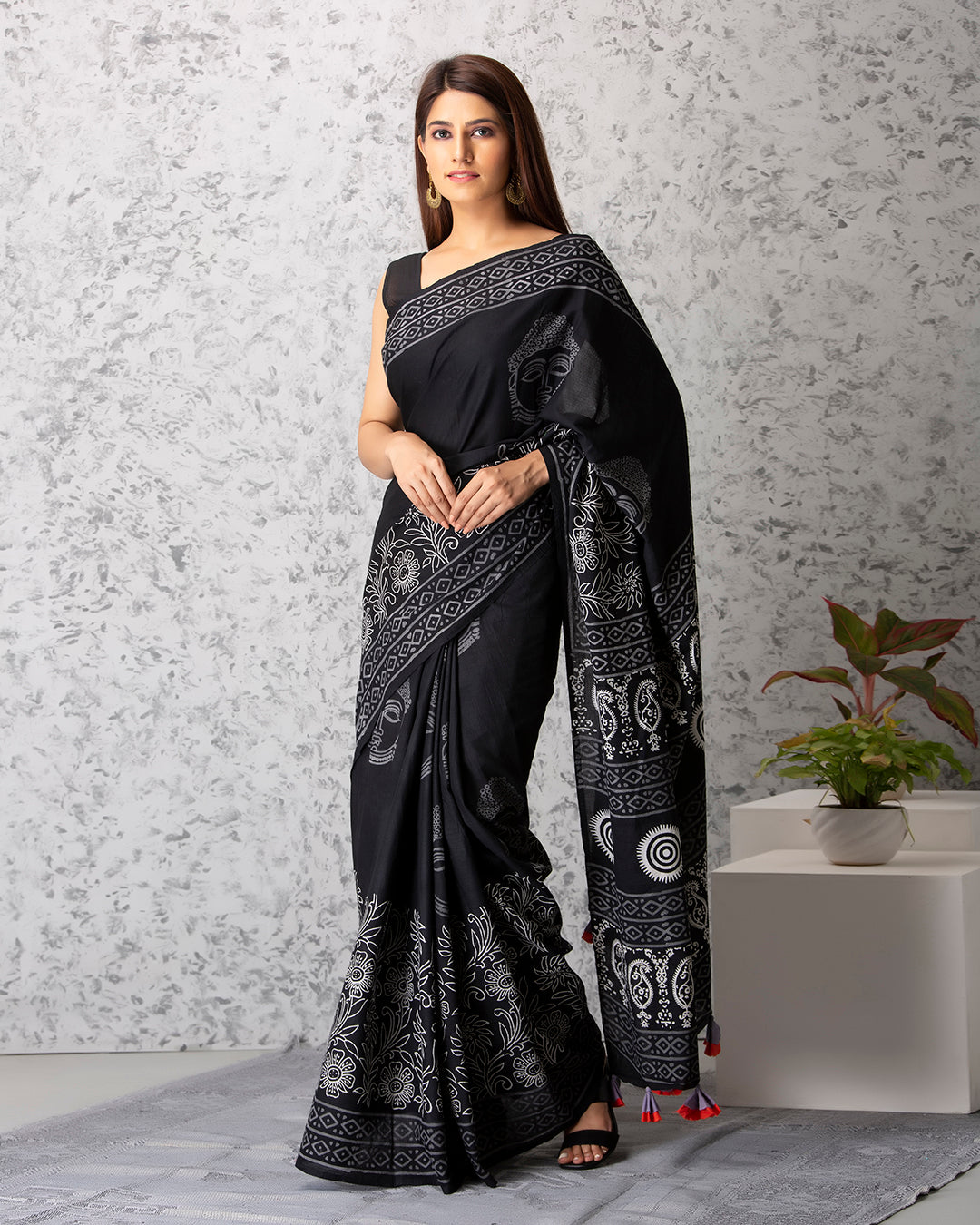 Black Handblock Printed Mulmul Saree