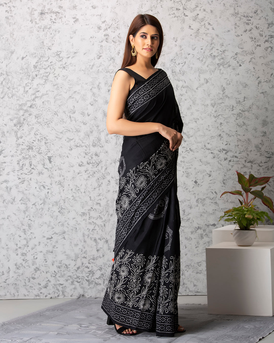 Black Handblock Printed Mulmul Saree