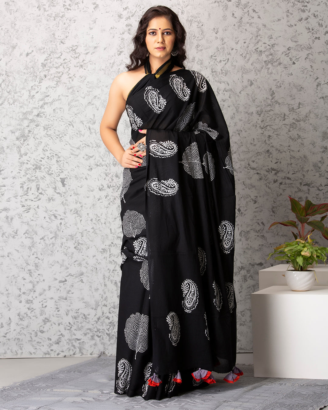 Black Paisley Handblock Printed Mulmul Saree