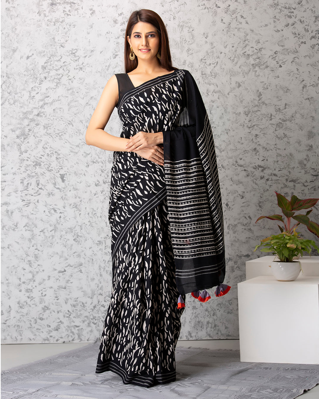 White Stripes Handblock Print Black Mulmul Saree