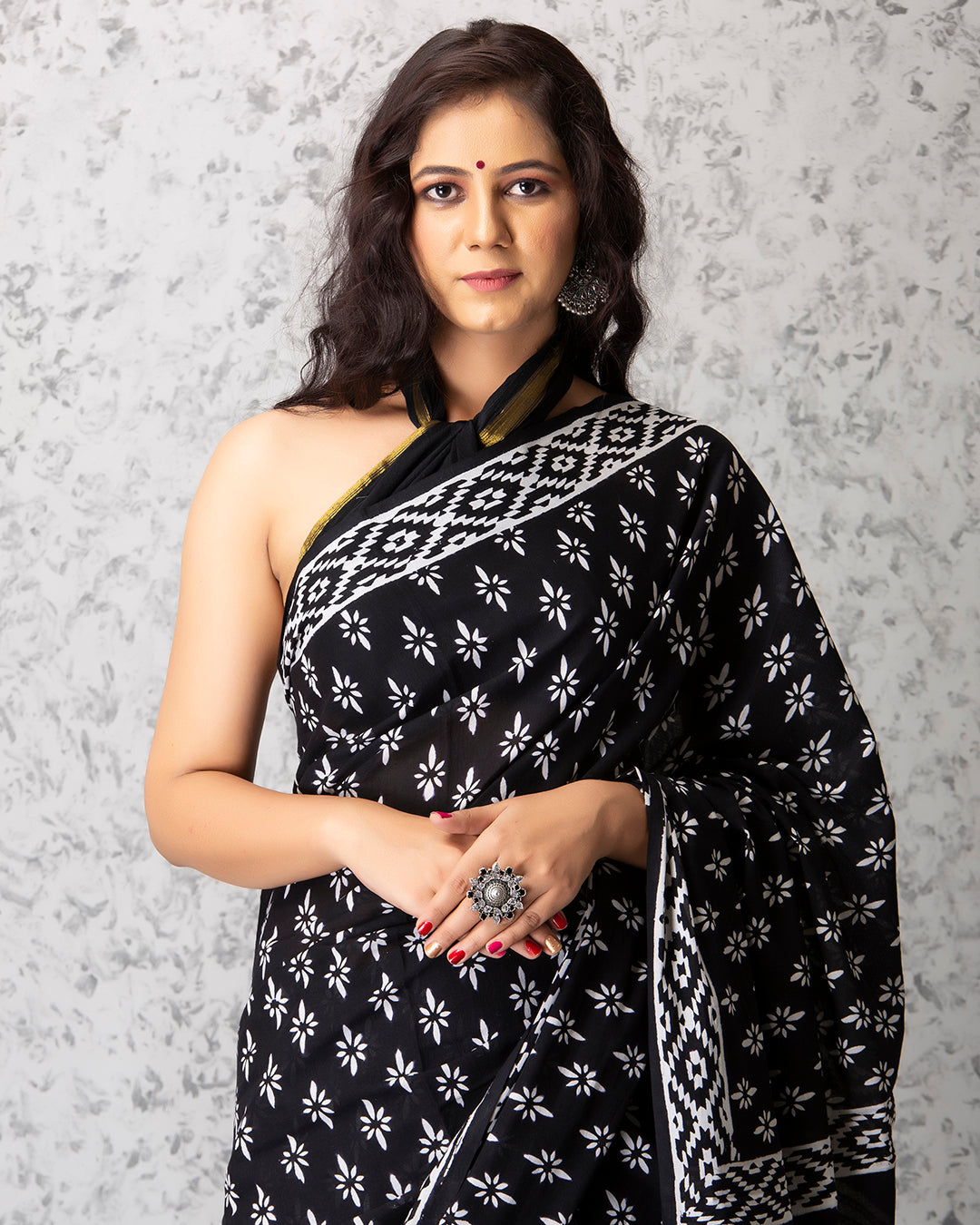 White Floral Geometric Handblock Print Black Mulmul Saree