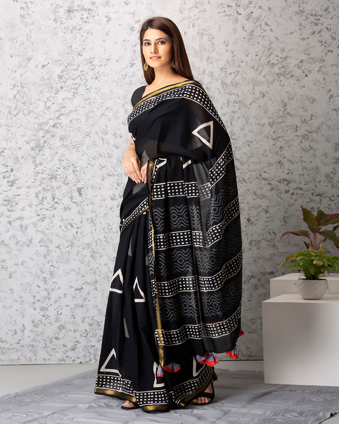 Triangle Motifs Handblock Print Black Mulmul Saree