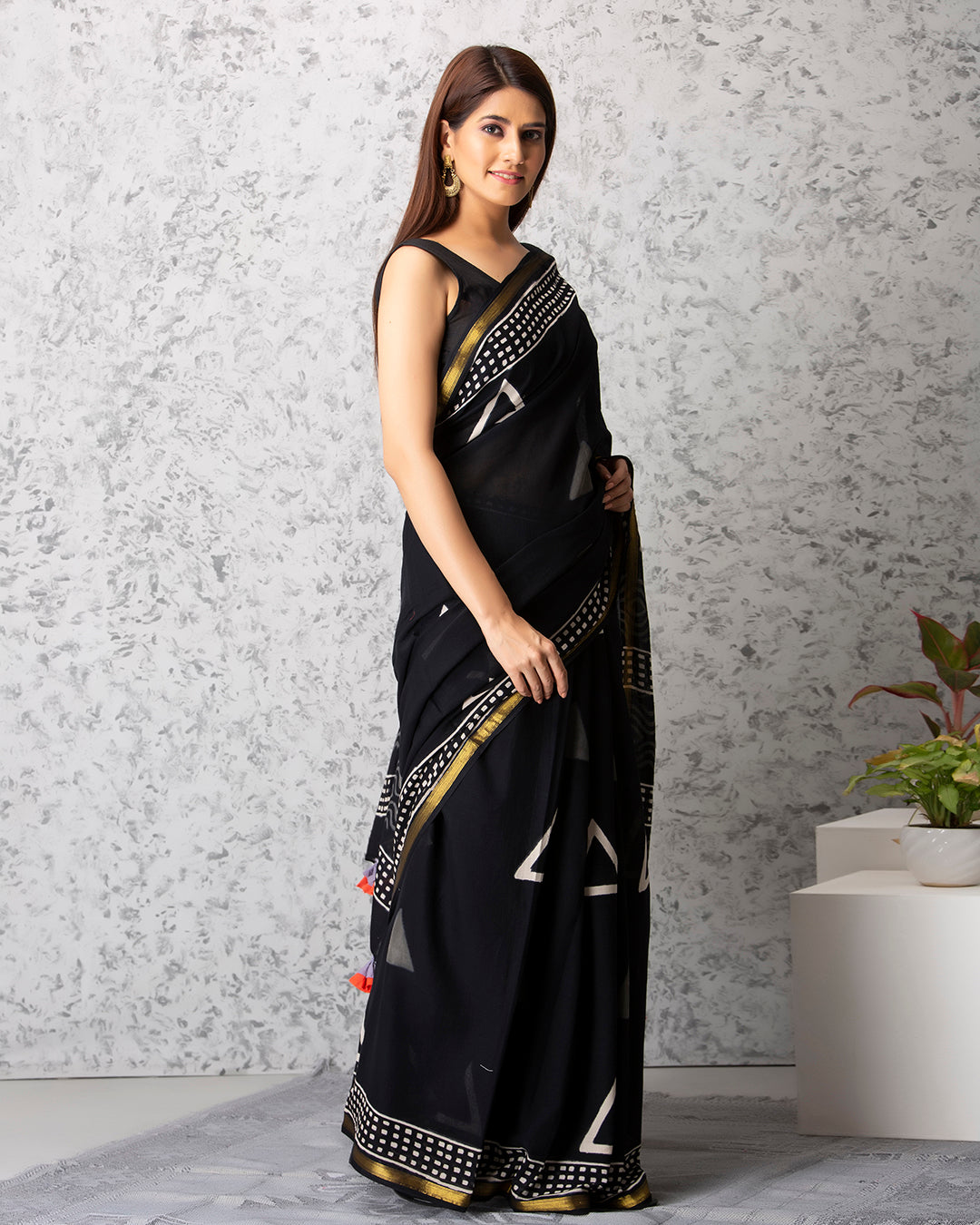 Triangle Motifs Handblock Print Black Mulmul Saree