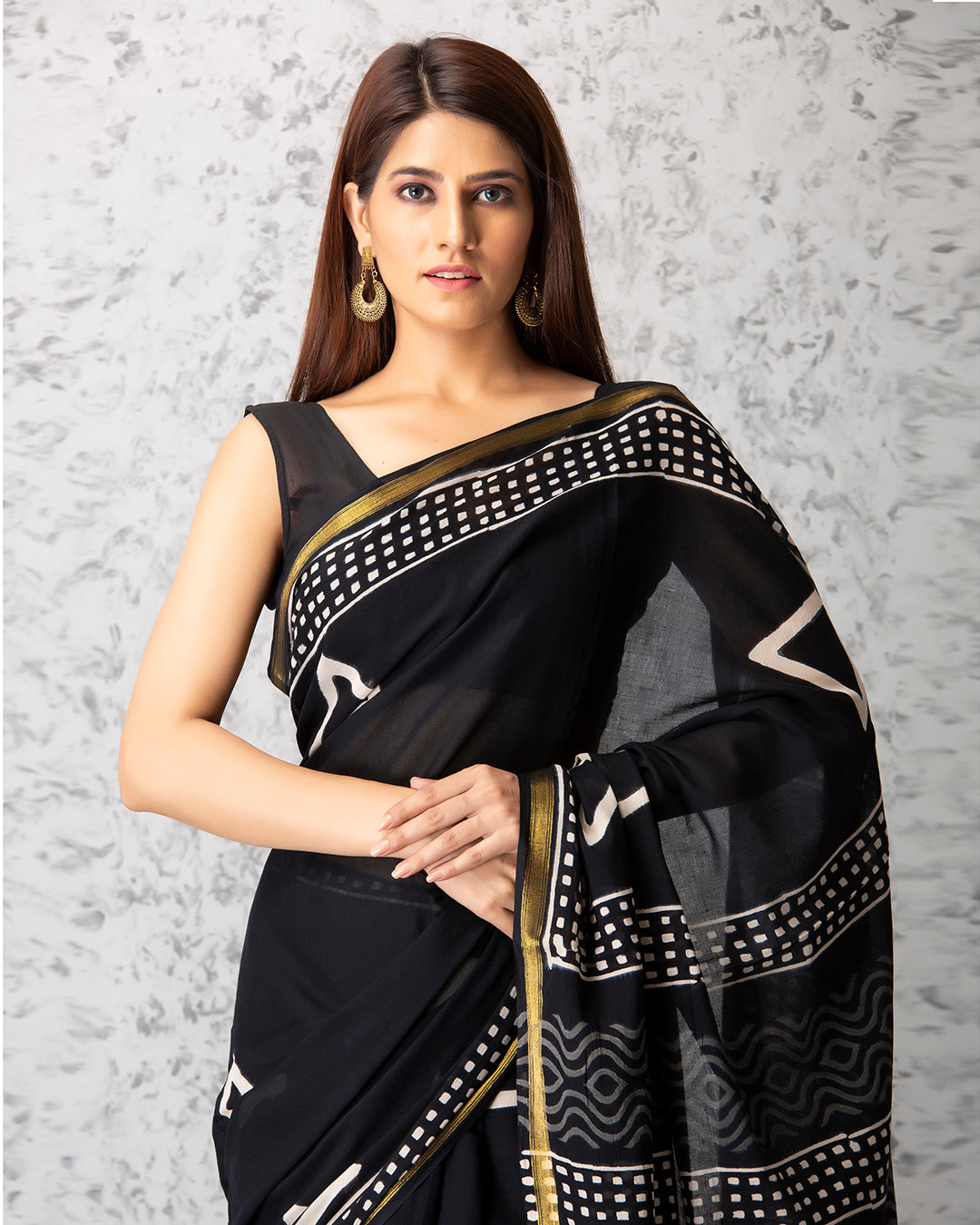 Triangle Motifs Handblock Print Black Mulmul Saree