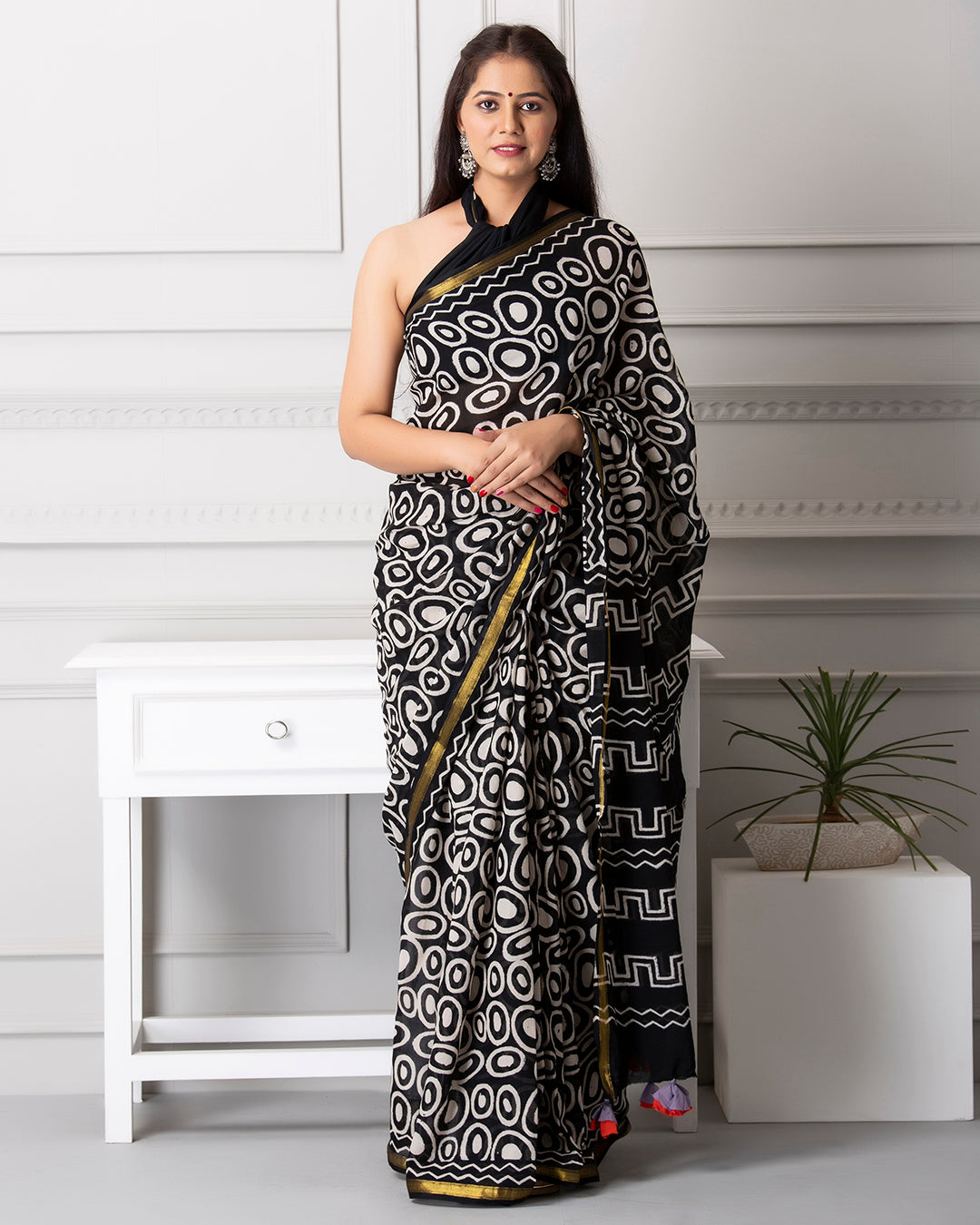 Circular Handblock Print Black Mulmul Saree