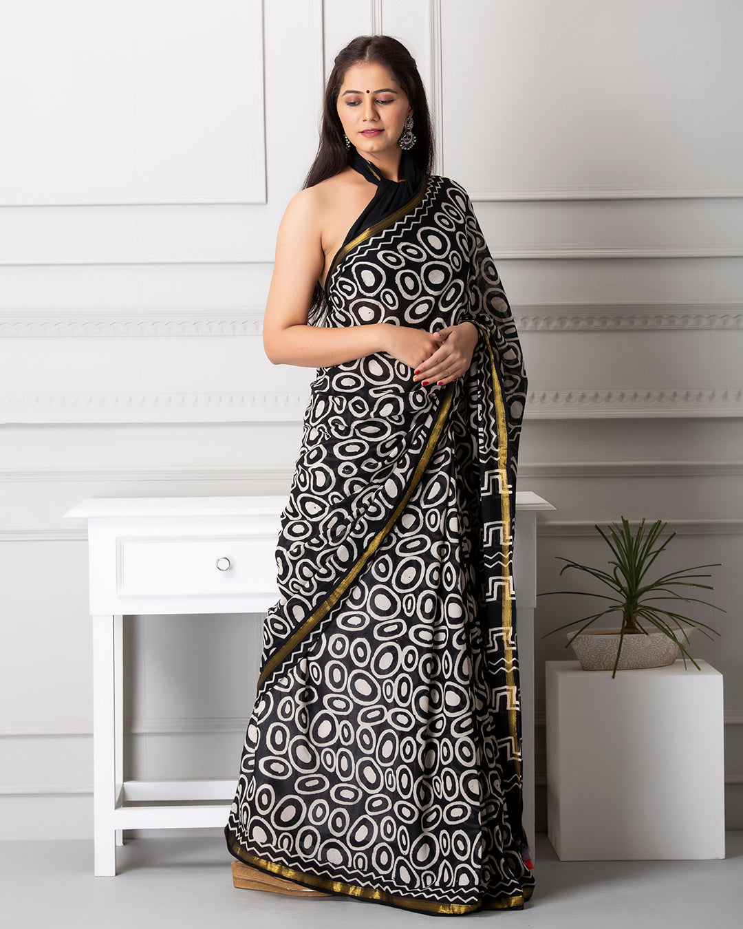 Circular Handblock Print Black Mulmul Saree