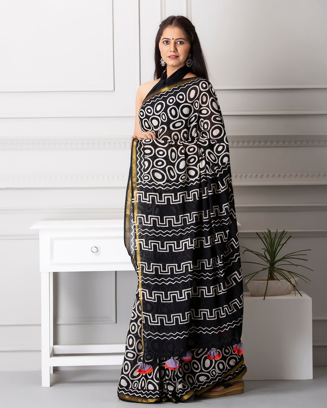 Circular Handblock Print Black Mulmul Saree