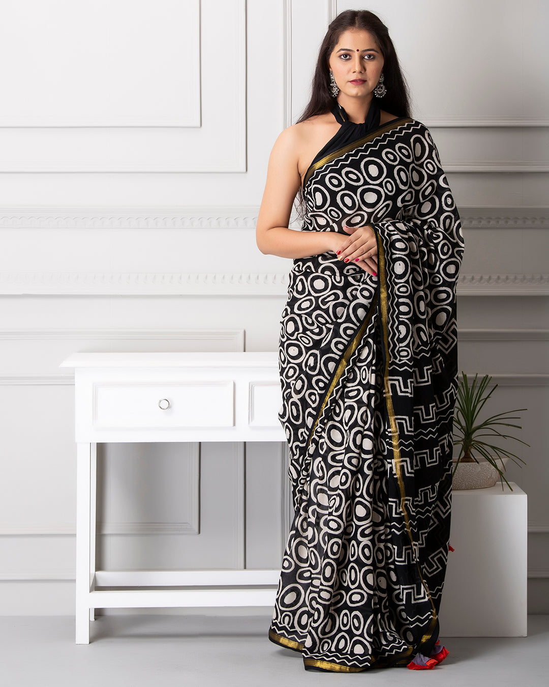 Circular Handblock Print Black Mulmul Saree