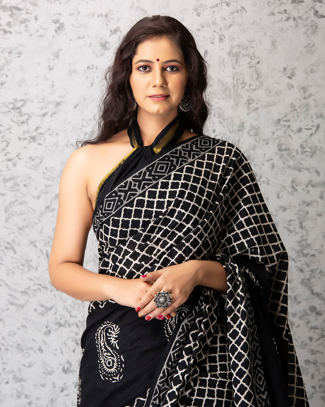 Jaal Handblock Print Black Mulmul Saree