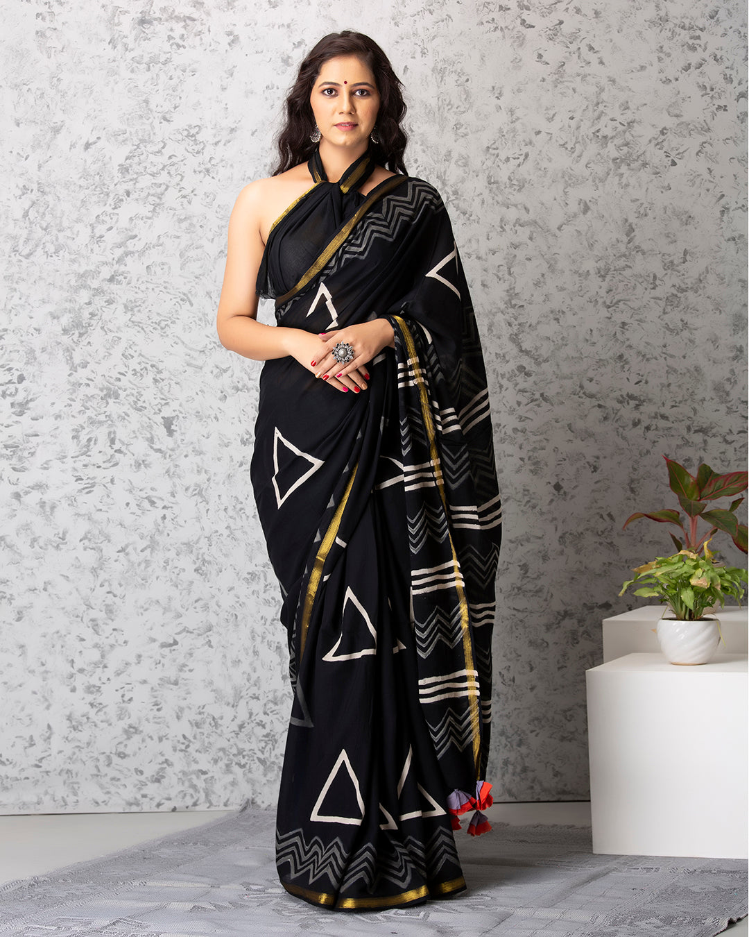White Geometric Handblock Print Black Mulmul Saree