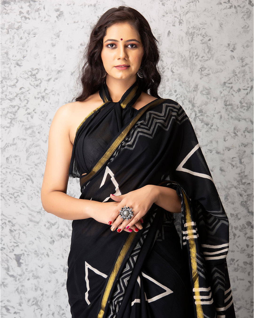 White Geometric Handblock Print Black Mulmul Saree