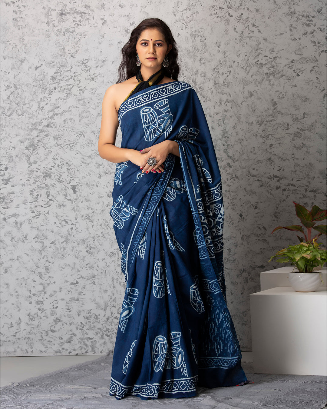 Dhol Handblock Print Indigo Mulmul Saree